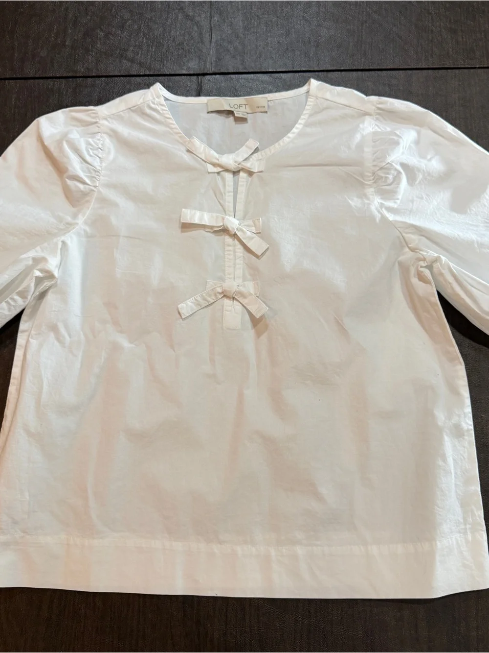 LOFT Petites XXSP White Bow Front Puff Sleeve Blouse